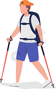 休闲活动男孩徒步旅行半平面颜色矢量特征插画