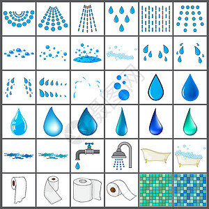 止汗喷雾浴室符号集 水滴和喷雾淋浴浴缸水龙头和厕所瓷砖的模板 在白色上隔离的矢量图插画