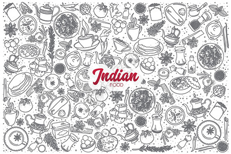 卡塔利娜岛手绘印度食品套装与 letterin设计图片