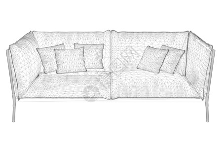 沙发线框与枕头从孤立的白色背景上的黑色线条  3D 它制作图案矢量背景图片
