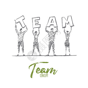 team手绘人拿着 TEAM wor 的字母插画