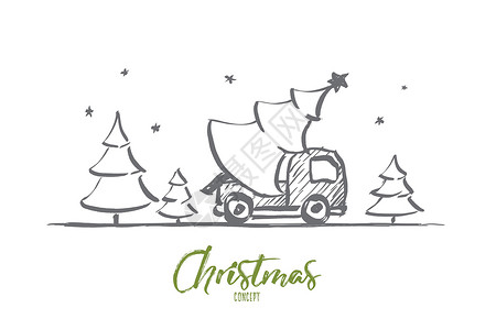圣诞车手绘圣诞树在汽车与 letterin设计图片