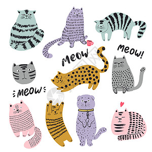 贴纸画可爱的猫咪手绘套装 有趣的小猫角色涂鸦插图 平的宠物矢量帽子动物织物贴纸老虎艺术苗圃毛皮隐藏打印插画