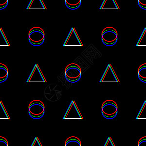 上三角形素材矢量无缝故障模式 黑色背景上的颜色 三角形和圆形 数字像素噪声抽象设计 电视信号失灵 技术问题 grunge 壁纸 重复打印插画