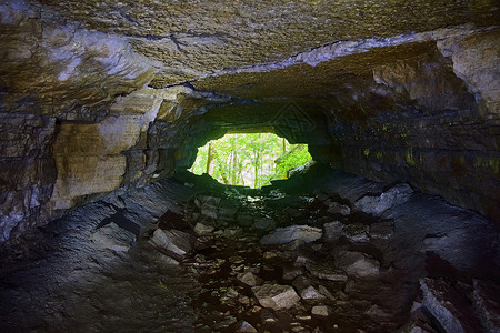 洞穴隧道 望着开绿林光背景图片