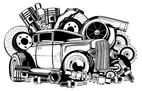 黑色和白色的老式汽车和组件系列变速箱震惊车辆车速车轮艺术收藏运输工具变速器背景图片