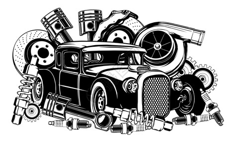 老式宝马系列黑色和白色的老式汽车和组件系列运输圆圈吸收器传播齿轮艺术维修机器收藏车轮设计图片