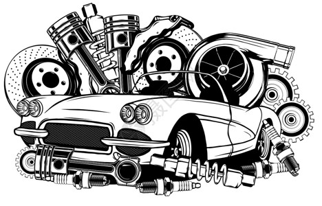 老式宝马系列黑色和白色的老式汽车和组件系列齿轮艺术震惊车辆吸收器变速箱传播维修大灯变速器设计图片
