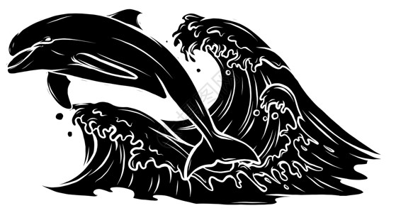 海豚剪影黑色剪影海豚在海浪中跳跃 矢量它制作图案设计图片