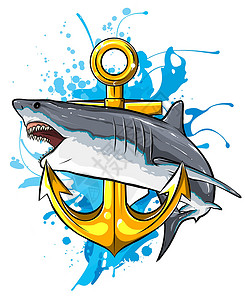 鲨鱼嘴跳跃的鲨鱼插图与锚 矢量 ar捕食者野生动物篮球团队贴纸徽章攻击艺术标识运动插画