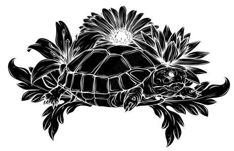 赫尔曼陆龟丛林矢量图中的黑色剪影陆龟制作图案插画