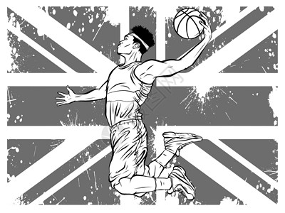 黑人男篮球运动员在动态位置弹跳球时奔跑男人犯规团队队友竞赛篮子衬衫会议体育场成人插画