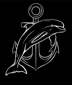 海豚剪影剪影海豚围绕着一个锚点 上面有一个绳索古老的符号插画