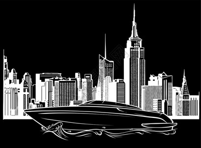 私人定制旅游在摩天大楼背景上的豪华私人船的剪影矢量插图插画