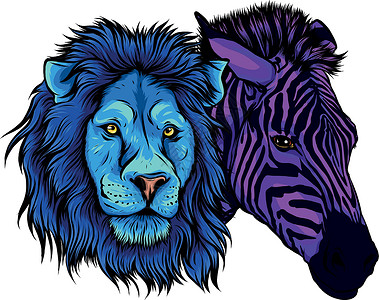 鲁莽的彩色斑马和狮子矢量它制作图案的头插画