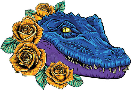 鳄鱼矢量图矢量图的鳄鱼头与玫瑰野生动物荒野艺术绘画动画片尾巴吉祥物丛林标识蜥蜴插画