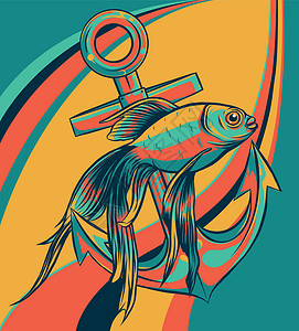 鱼锚矢量图线条艺术品质鳟鱼渔夫动物螃蟹酒吧商业标签海洋标识餐厅背景图片