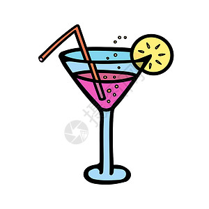 鸡尾酒菜单带有鸡尾酒气泡和一片柠檬吸管的玻璃的彩色矢量图设计图片