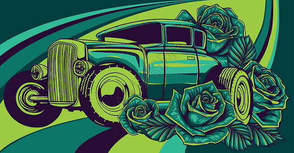 古典风格装饰玫瑰的老式汽车运输作品设计稀有性艺术贵族边界老爷车复古海报背景图片