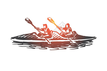 玩皮划艇皮划艇运动水桨独木舟概念 手绘孤立的矢量娱乐男人旅游男性夫妻旅行草图乐趣活动闲暇插画