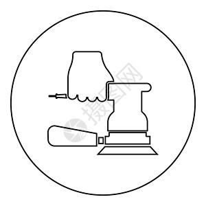 Sander 在手持工具中使用 Arm 使用圆片电动轨道仪器图标在圆形黑色矢量插图实体轮廓样式 imag工作圆圈抛光木匠机器工业插画