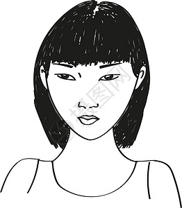 美丽越南女孩亚裔少妇 矢量绘图黑白插画