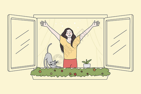 艾露猫快乐的女人看着窗外呼吸新鲜的艾插画