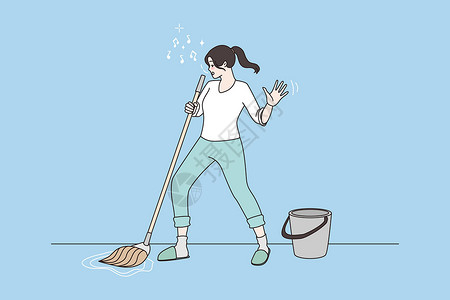 扫地的女孩快乐的家庭主妇在打扫房子时在拖把里唱歌跳舞设计图片