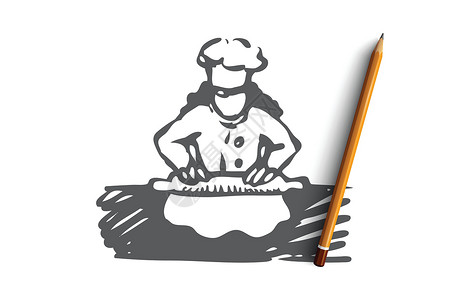 厨师面概念 手绘孤立的矢量微笑食物面团面包师厨师蛋糕女孩柜台烘烤面包插画