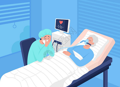 肺尘埃沉着病重症监护病房中的昏迷病人平面彩色矢量图案插画