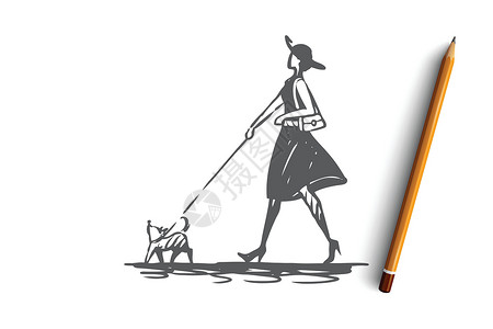 皮带配饰Doggirlwalk宠物动物的概念 手绘孤立的矢量皮带成人女性女士配饰旅行草图插图朋友艺术插画