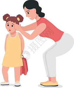 母亲给女儿梳头母亲盖住孩子的耳朵半扁平颜色矢量特征插画