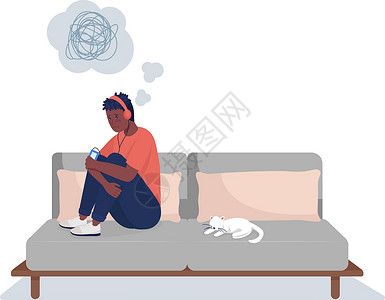 猫mp3素材沙发上戴着耳机的悲伤男孩半平面彩色矢量特征插画