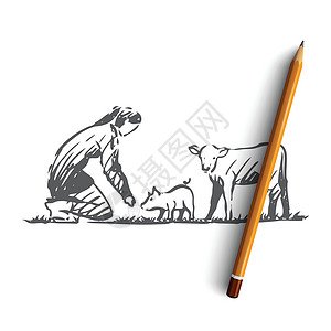 农村原始面貌农民动物猪牛农村概念 手绘孤立的矢量草图工作女性草地女士绘画奶牛工人插图家畜插画