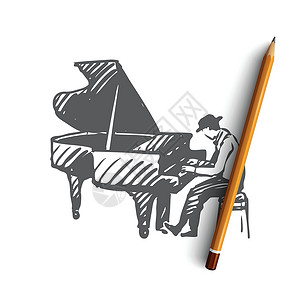 钢琴剪影素材音乐家爵士钢琴表演音乐概念 手绘孤立的矢量演员乐器成人玩家乐队身体钢琴家插图绘画艺术设计图片