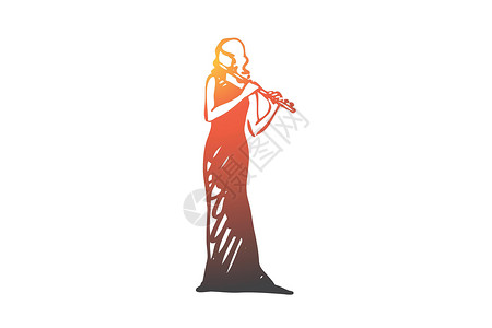 长笛经典音乐女性艺术家的概念 手绘孤立的矢量音乐会天赋乐队音乐家交响乐娱乐草图艺术女孩文化背景图片
