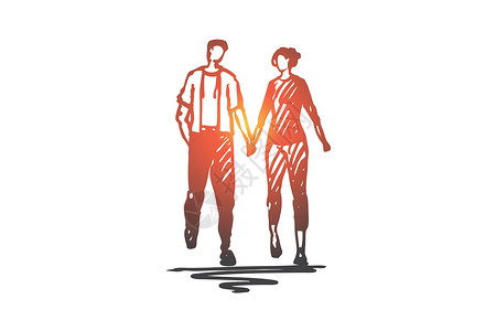 情侣行动毛笔字步行情侣爱约会浪漫的概念 手绘孤立的矢量女性伙伴夫妻男生身体草图绅士男性女孩幸福插画
