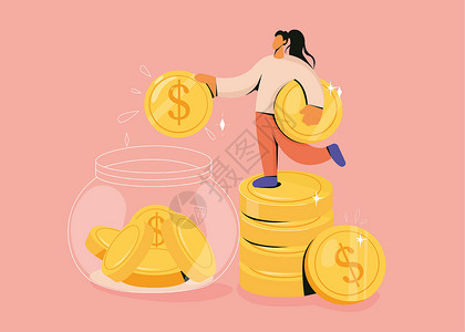 一分钱女人把硬币扔进罐子里收集钱设计图片
