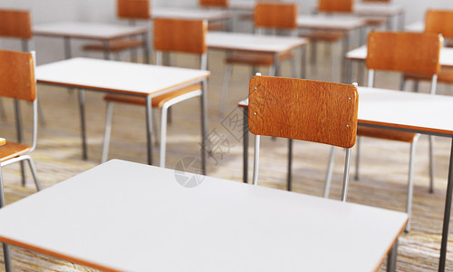 班级门标素材以木制地板为教室背景的封闭学生座椅和课桌 教育与返校概念 建筑内部 社会不平主题 3D 插图说明;2D 演示背景