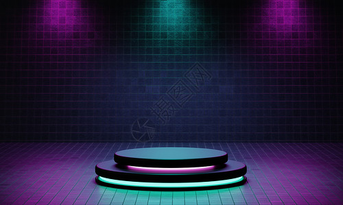 紫色圆盘具有蓝色和紫色聚光灯和垃圾风格纹理背景的赛博朋克产品讲台平台工作室 复古舞台和未来派场景概念 3D插图渲染图形圆圈聚光灯推介会展背景