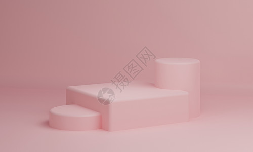 背景上的粉色柔和矩形立方体和圆柱体产品展示台 抽象的最小几何概念 工作室讲台平台 展览展示阶段 3D 插图渲染图形背景图片