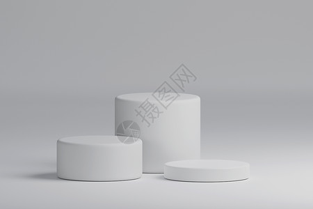 三个白色圆筒产品舞台讲台背景 最小的时尚主题 几何概念 展览和商业营销展示阶段 3D插画渲染平面设计背景图片