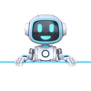 拿着空白的白板3的逗人喜爱的蓝色机器人横幅海报男生助手推介会动物电子人插图木板玩具背景
