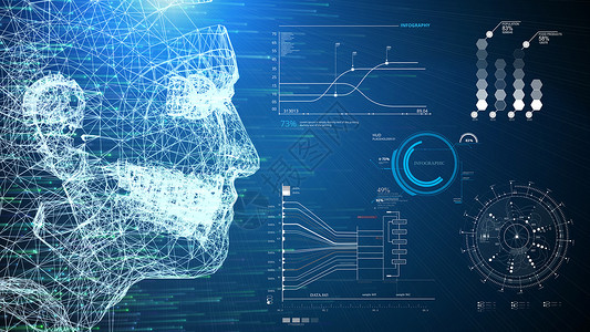 中国智能制造数字化转型峰会蓝色背景上的 3D 插图线框人类 AI 系统和信息图表信息扫描仪 HUD 界面 商业 VR 技术和医疗 数字化转型中断数据库网络背景