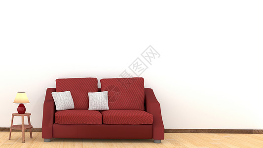 红色枕头客厅现代室内设计有红色沙发的在木地板上 木桌元素上的白色靠垫和灯 家庭和生活的概念 生活方式主题 3D 插图渲染背景