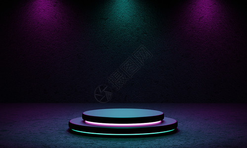 3d舞台素材具有蓝色和紫色聚光灯和垃圾风格纹理背景的赛博朋克产品讲台平台工作室 复古舞台和未来派场景概念 3D插图渲染图形聚光灯照明展示报酬背景