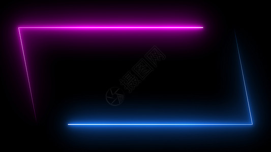 紫色矩形花边框平行四边形矩形相框 在孤立的黑色背景上带有两个色调的霓虹色阴影运动图形 覆盖元素的蓝色和粉红色光 3D插图渲染墙纸背景背景