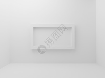 白色空房间 背景墙中间有模型相框边框 抽象和装饰对象的概念 最小的体系结构和简单的主题 3D 插图渲染图形设计背景图片