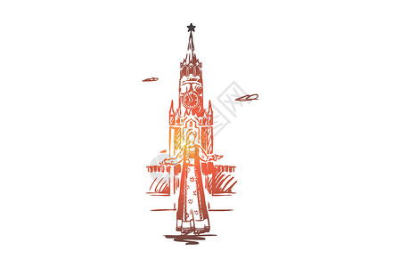 贝林塔俄罗斯克里姆林宫莫斯科旅游城市概念 手绘孤立的矢量历史城市历史性地标戏服建筑正方形横幅插图文化插画