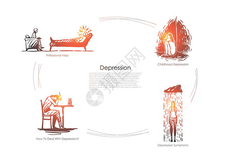 小孩喝冷饮抑郁症专业帮助童年抑郁症抑郁症症状如何处理抑郁症向量概念 se插图医生压力交易草图酒精寂寞心理学孩子药品设计图片